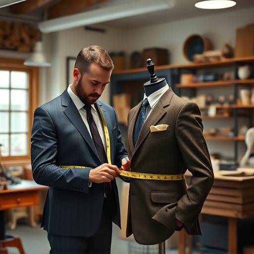 A man being measured for a bespoke suit by a tailor