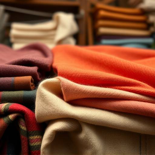 A selection of luxurious wool, silk, and cashmere fabric swatches displayed in a tailor's workshop.
