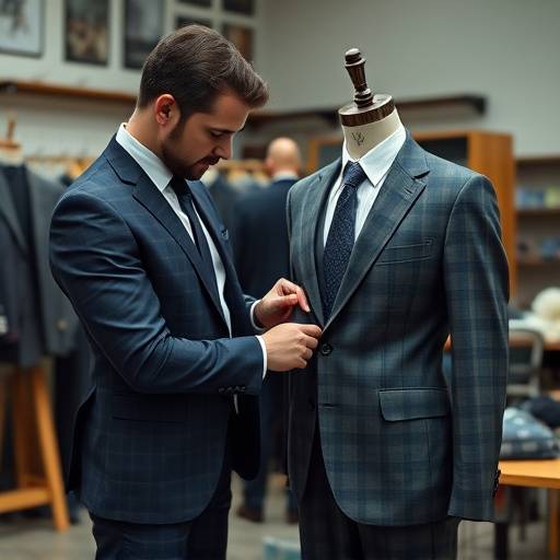 A tailor carefully measuring a client for suit alterations in a workshop setting.