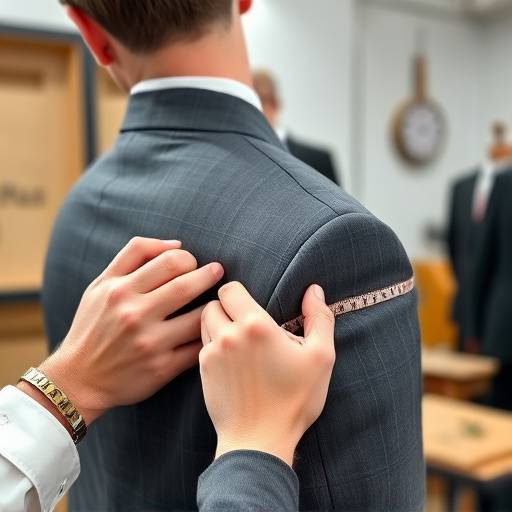 A tailor carefully measuring a client's shoulder for a suit jacket.